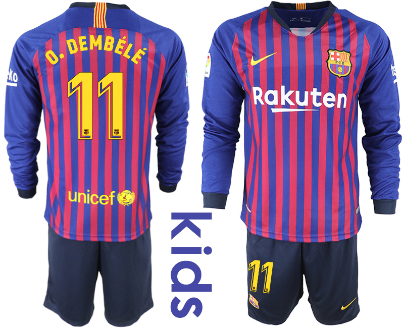 2018_2019 Club Barcelona home long sleeve Youth #11 soccer jerseys->customized soccer jersey->Custom Jersey